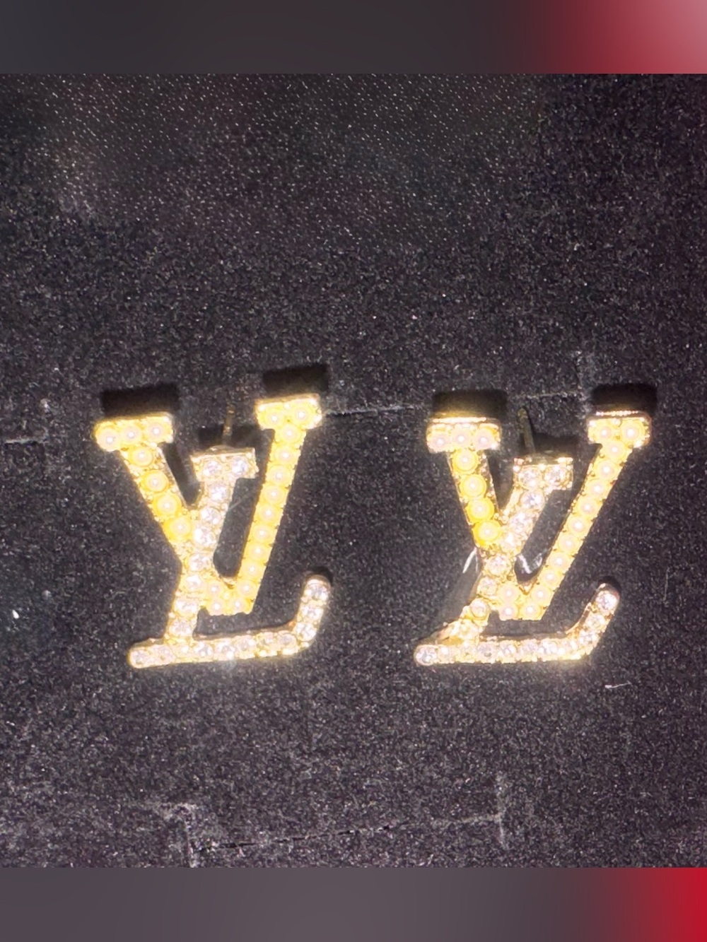 Louis Vuitton Gold-tone Diamond Accent & Pearl Logo Earrings